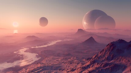 Alien planet sunset landscape with mountains, river, and three moons; perfect for science fiction or fantasy backgrounds