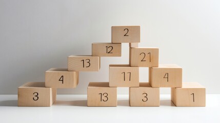 Obraz premium Wooden blocks arranged in a creative pattern showcasing numbers with a minimalist aesthetic in a bright indoor setting