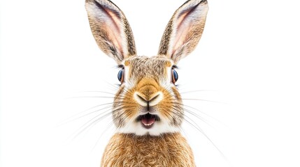 Obraz premium hare surprised on isolated white background, real image. close up.