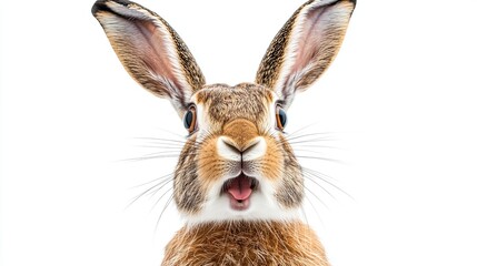 Obraz premium hare surprised on isolated white background, real image. close up.