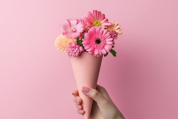 A hand holding a pink paper cone with flowers inside, on a solid background