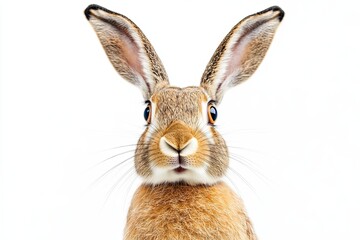 Fototapeta premium hare surprised on isolated white background, real image. close up.