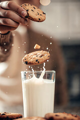 Chocolate chip cookies fall into a glass of milk creating a milk splash
