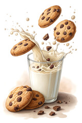 Chocolate chip cookies fall into a glass of milk creating a milk splash