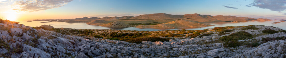  Kornati island archipelago beautiful sunrise. Kornati National Park panorama, Croatia