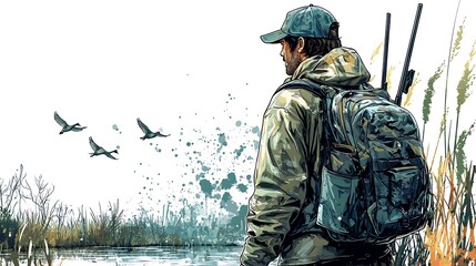 Naklejka premium Hunter Observing Migratory Birds in a Wetland.