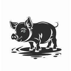 Obraz premium A stylized black and white illustration of a pig standing in water, showcasing its playful and cheerful demeanor.