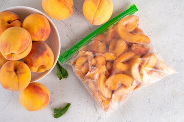 Frozen peaches in freezing bags