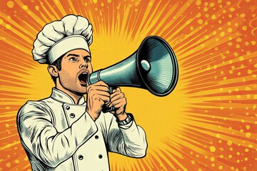 A chef passionately shouting into a megaphone, surrounded by vibrant rays, symbolizing energy and culinary enthusiasm.
