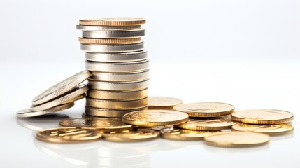 Stacked and scattered coins on a white background showcasing different denominations and materials for financial themes