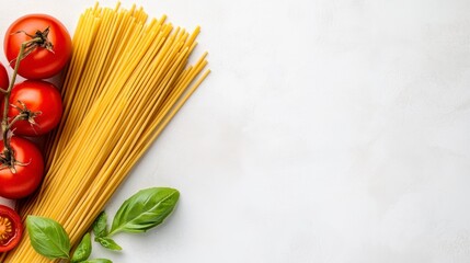 Arrangement of uncooked spaghetti noodles with fresh tomatoes and basil on light textured background for culinary inspiration