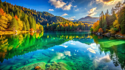 Fototapeta premium Breathtaking emerald lake surrounded by vibrant autumn foliage and mountains
