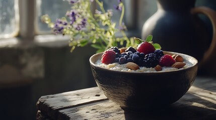 A bowl of creamy oatmeal made with powdered milk, topped with fresh berries and nuts, placed on a rustic wooden table