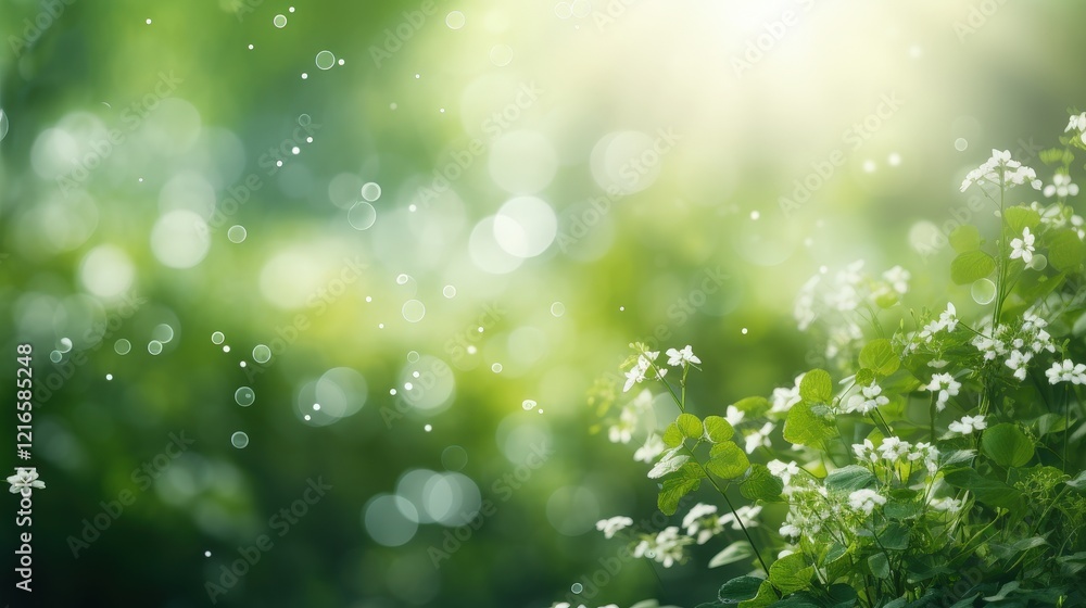 Poster sunlit green and white floral background with soft bokeh effect creating a dreamy nature scene in a 