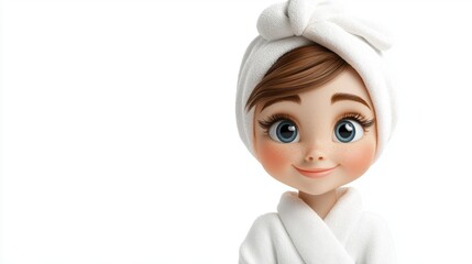 Cheerful character in fluffy bathrobe and towel smiling with large blue eyes against a plain white background