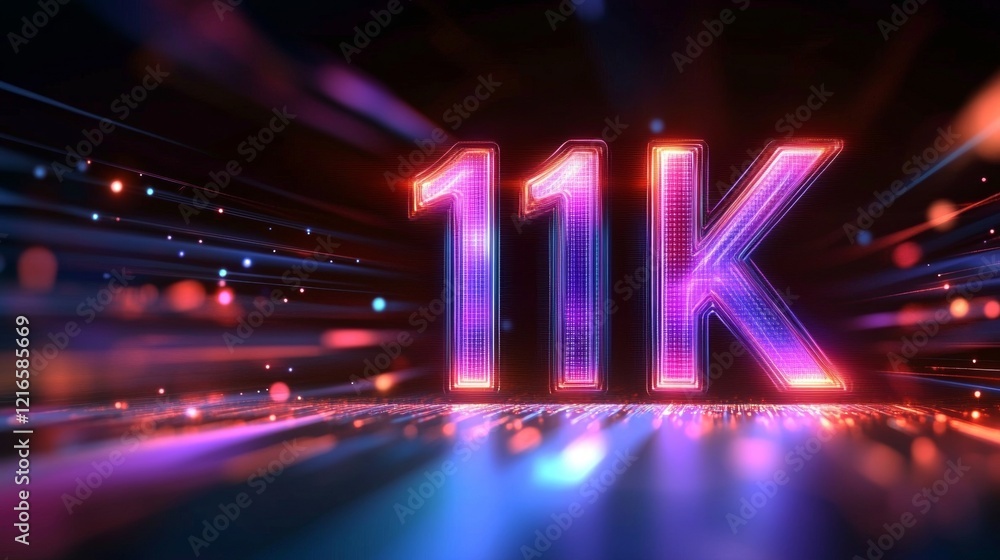 Poster glowing digital 11k numbers in futuristic style on cyberpunk background with neon light effect.
