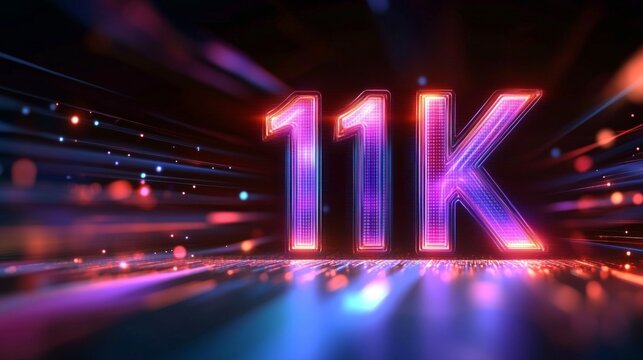 Glowing Digital 11K Numbers In Futuristic Style On Cyberpunk Background With Neon Light Effect.