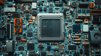 Fototapeta premium Close-up of a complex circuit board, showcasing various components and a central processor. Tech background, ideal for tech articles or websites