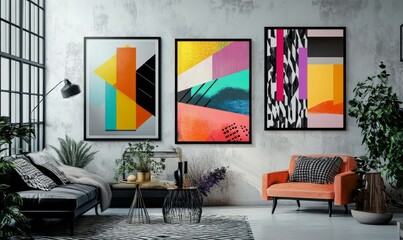Illustrate a 3D poster frame mock-up set in a hipster interior, showcasing a Scandinavian design.