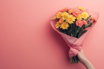 A hand holding a pink paper cone with flowers inside, on a solid background