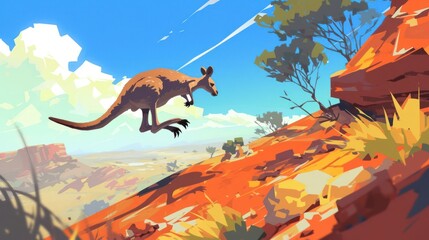 Kangaroo leaping across vibrant red rock landscape under a clear blue sky in Australia