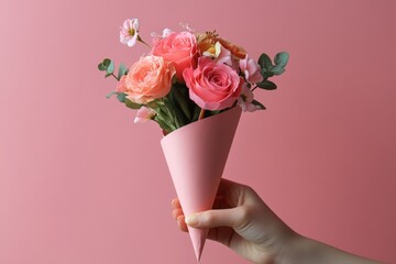 A hand holding a pink paper cone with flowers inside, on a solid background