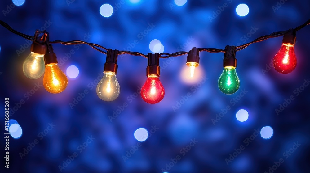 Poster Colorful String Lights with Bokeh Background Creating a Festive Atmosphere for Celebrations and Events in Soft Focus Effect