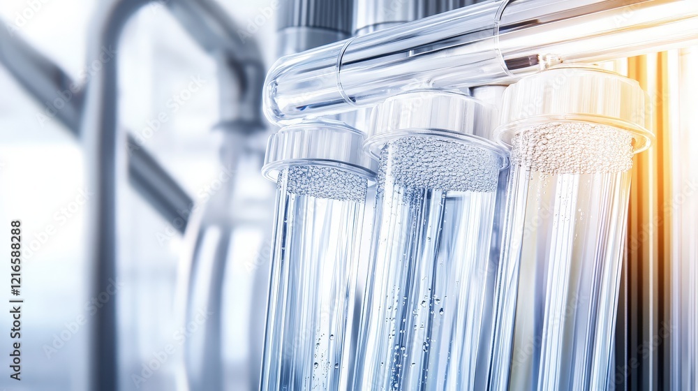 Poster clear test tubes with bubbles and soft light in a modern laboratory setting