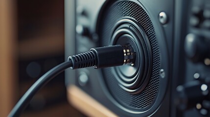 Close-up of speaker cable connection, audio equipment, home studio, blurred background, music production