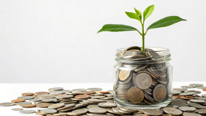 Goal of life mindset financial freedom. Coins in a jar with a small plant growing, symbolizing growth and financial investment.