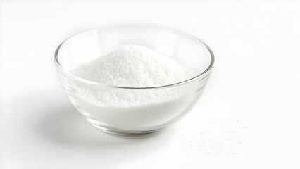 Glass bowl of coarse salt on white background symbolizes cooking, simplicity, and health.