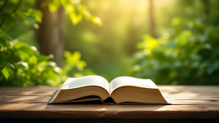 Hardcover book on wooden table amidst greenery symbolizes eco-friendly inspiration.