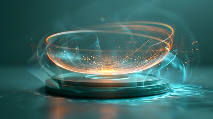 Glowing energy orb levitating on a platform, futuristic concept, dark background, for technology or science presentations