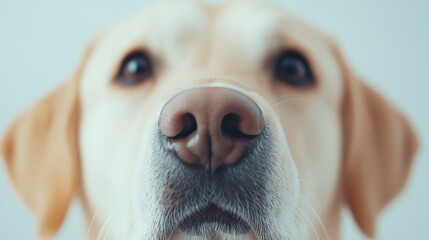 Capturing the essence of canine curiosity, the close up reveals a golden retriever's wet nose and delicate whiskers, showcasing an adorable and playful expression