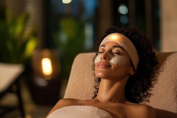 A serene woman enjoys a relaxing spa treatment with a facial mask, surrounded by a tranquil ambiance that promotes peace and rejuvenation in a wellness environment.