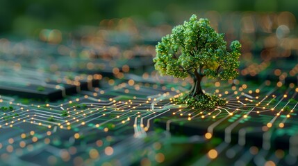 Green tree growing on circuit board; digital nature concept; sustainable technology; environmental technology; website banner