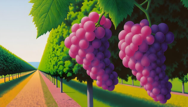 racimo de uvas en el vi&ntilde;edo. Dibujo estilo pop surrealista