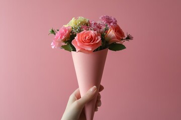 A hand holding a pink paper cone with flowers inside, on a solid background