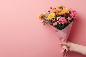 A hand holding a pink paper cone with flowers inside, on a solid background
