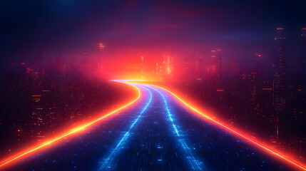 Glowing Neon Road Leading to Futuristic City at Night