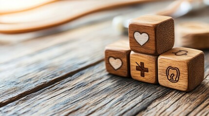 Holistic Healthcare Concept.  A close-up shot of wooden blocks stacked on a rustic wooden table. Each block features an engraved symbol representing different aspects of healthcare: a heart, a cross.