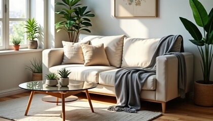 Cozy living room bathed in natural light. Cream sofa with neutral throw blanket. Small plants in various pots. Stylish coffee table with glass top. Relaxed ambiance.