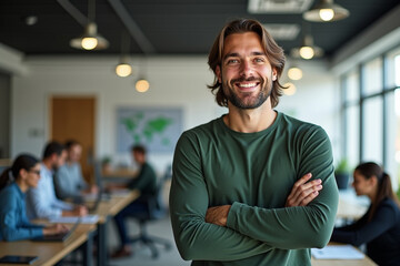 Obraz premium Successful Mid-Aged Business Man Looking Confidently at the Camera in a Professional Setting, Generative AI