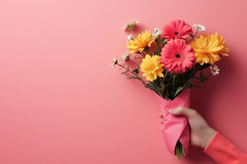A hand holding a pink paper cone with flowers inside, on a solid background
