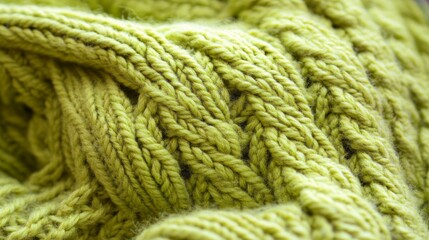 Vibrant Green Knitted Fabric, Intricate Patterns Close Up Macro Photography, Textile Background.