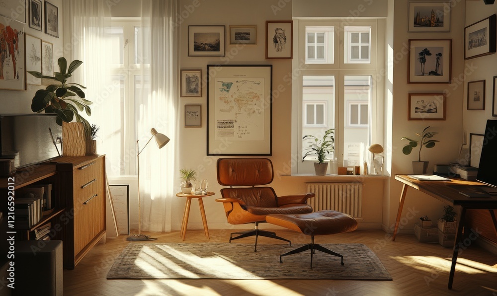 Poster illustrate a poster frame mock-up in a scandinavian-style hipster living room background, using 3d r