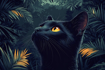 Jungle Cat: A black feline gazes upward amidst lush, tropical foliage.