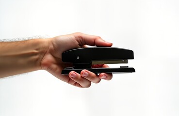 Close-up of hand holding black stapler against transparent background. Hand in focus, stapler visible. Photo could used for business projects marketing campaign. Office supplies, business tools,