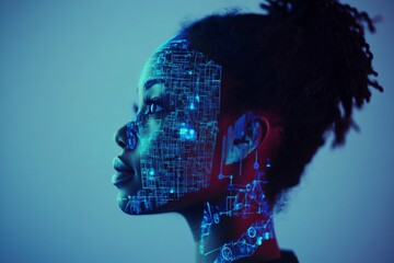 Side profile of a person with futuristic digital overlay and data lines on face.