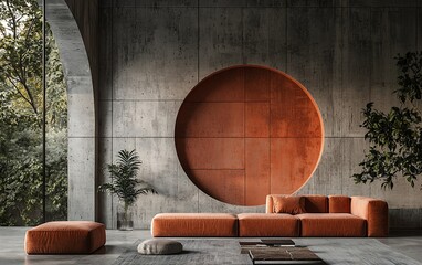 Modern minimalist living room with orange sofa and circular feature wall.